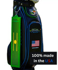 Golf Swing Path Trainer With Instant Feedback Anywhere See Your Swing Path And Strike Quality Learn Low Point Consistency And Centered Strikes On Every Shot Improve Ball Flight And Timing In Real Time attached to golf bag, made in USA label visible