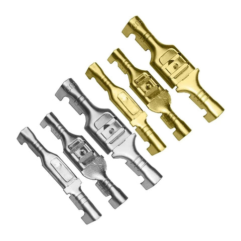 Solid Brass Tinned Spade Crimp Terminals Kit For Quick Wire Connections In Audio And Home Appliances, 2.8mm 4.8mm and 6.3mm Female Male Pins Compatible With 14-18 AWG Wiring For Solid Hookups, brass and silver terminals