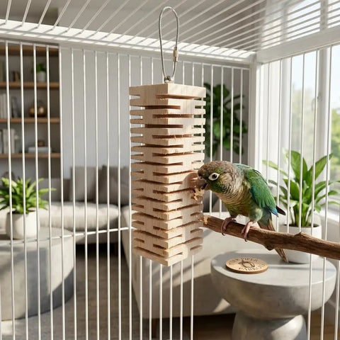 Ultra Soft Balsa Wood Foraging Bird Toy With Canyon Groove Destructible Chew Safe Untreated Natural Wood Stainless Steel Hook hanging in cage with parrot inspecting it.