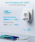 6 In 1 UK Travel Plug Adapter with USB C charging phone, 15W max output, showing speed comparison on wall outlet.