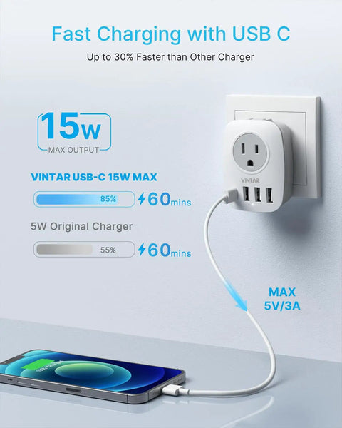 Go To US To Japan Travel Plug Adapter With 2 AC Outlets 3 USB Ports And USB C Type A 2 Prong To 3 Prong Converter plugged in with phone charging