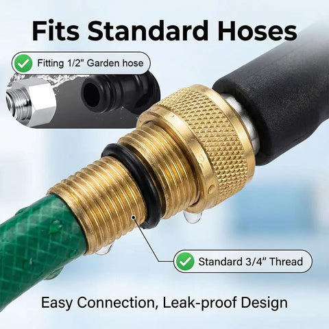 High Pressure Garden Hose Nozzle With Metal Power Washer Wand, 3 Spray Tips, Brass Connector close-up with standard hose fitting