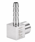 Heavy Duty Three Zero Four Stainless Steel Ninety Degree Elbow Joins Five Sixteenth Hose Barb To Quarter Female Npt Threading, feature detailed view