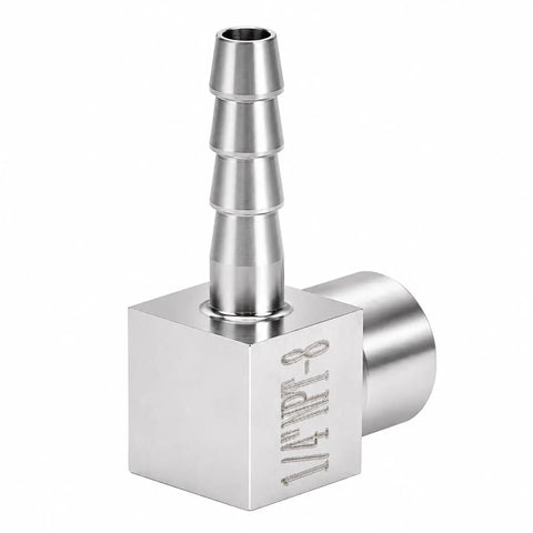 Heavy Duty Three Zero Four Stainless Steel Ninety Degree Elbow Joins Five Sixteenth Hose Barb To Quarter Female Npt Threading, feature detailed view