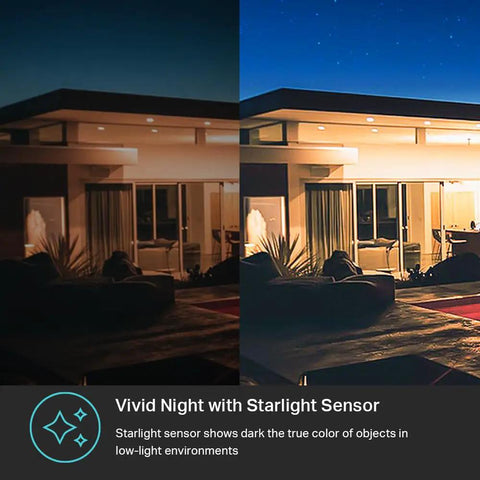 Split image of a house with starlight sensor effect, showing vivid night colors with 2K Plus Outdoor Wired Security Camera.