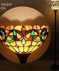 Tiffany Style Floor Lamp With 12 Inch Stained Glass Shade 71 Inch Tall Antique Bronze Base Uplight Torchier With Foot Switch