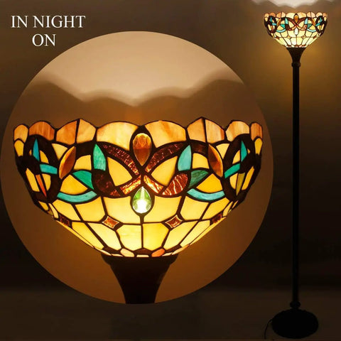 Tiffany Style Floor Lamp With 12 Inch Stained Glass Shade 71 Inch Tall Antique Bronze Base Uplight Torchier With Foot Switch