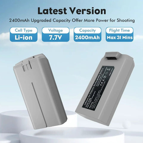 Beefy Intelligent Flight Battery For DJI Mini 4K Mini 2 Mini SE And Mini 2 SE 2400mAh Capacity Delivers Up To 31 Minutes Flight Time Easy Swap Power Pack For Extended Fly Time, showing two batteries with specs