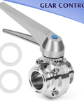 Front view of 2-inch stainless steel butterfly valve with trigger handle and tri-clamp ends; two gaskets included.