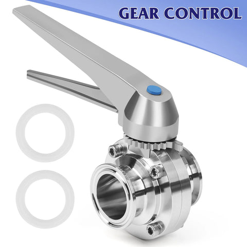 Front view of 2-inch stainless steel butterfly valve with trigger handle and tri-clamp ends; two gaskets included.