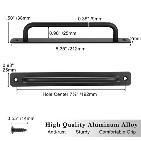 4 Pack Black Barn Door Handles For Sliding And Pocket Doors With Seven And A Half Inch Hole Center Comfortable Grip Aluminum Rustproof Pulls For Bifold Closet Doors And Modern Hardware Replacement, showing dimensions and screws