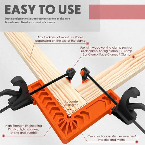 Eight Pack 90 Degree Corner Clamps And Woodworking Positioning Squares Featuring 3 Inch And 4 Inch Sizes in use with wooden boards.