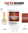 Premium Top Shelf Rubber Silicone Foundation Sealant Black 35 Oz Tub with paint brush, gloves, and instruction manual for sealant application.