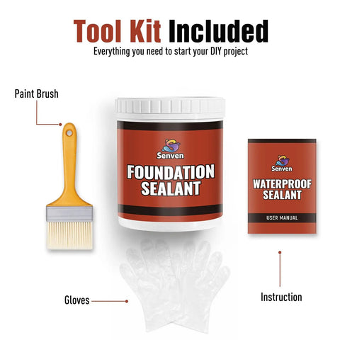 Premium Top Shelf Rubber Silicone Foundation Sealant Black 35 Oz Tub with paint brush, gloves, and instruction manual for sealant application.