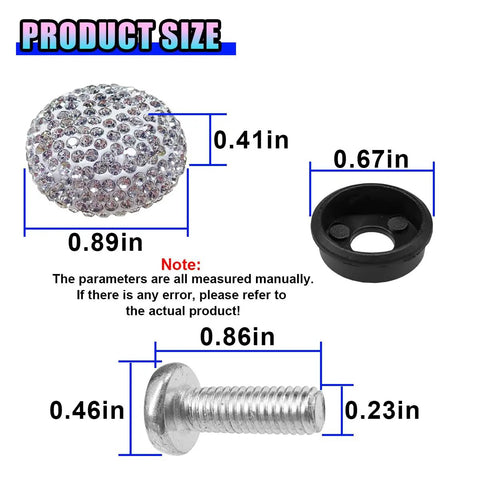 Product size details of Fresh Bling Car License Plate Screws And Caps Kit with rhinestone caps and metal screws.