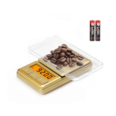 Mini Pocket Scale 100g 0.01g Digital Gram Scale With Cover Small Travel Ounce Scale measuring coffee beans on display, batteries shown