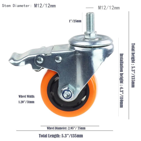 Heavy-duty swivel caster wheel, close-up view, 3in yellow PVC wheel with M12 stem and double brakes, set of 4