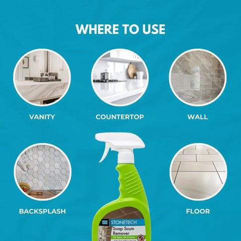 Soap Scum Remover For Natural Stone, Tile And Grout, 24oz Spray Bottle with examples of use on vanity, countertop, wall, backsplash, floor