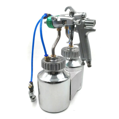 Pro Grade Pressure Feed Spray Gun With Dual Nozzles For Silky Smooth Coatings and Crisp Edge Lines, featuring two metal pots.