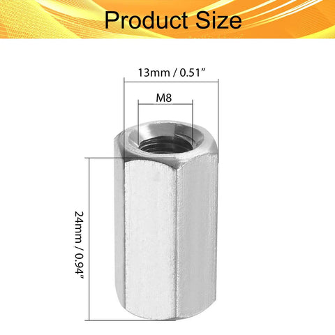 Real Deal Five Pcs M8 Hex Coupling Nuts Featuring 1.25 Metric Thread Pitch And Compact 24MM Length with dimension details.