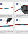 Diagram showing the use of 16-14 AWG Heat Shrink Butt Connectors, 100 Pcs Blue Insulated Waterproof Wire Splice Connectors For Marine And Automotive Crimp Wiring Terminals
