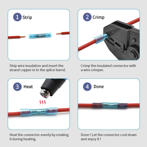 Diagram showing the use of 16-14 AWG Heat Shrink Butt Connectors, 100 Pcs Blue Insulated Waterproof Wire Splice Connectors For Marine And Automotive Crimp Wiring Terminals