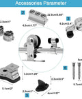 Components of 15Ft Stainless Steel Sliding Barn Door Track Kit Top Mount T Hanger Set for Single Door with measurements.