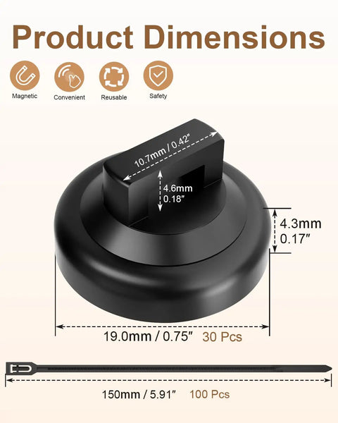 Magnetic Cable Zip Tie Mounts Kit With 30 Heavy Duty Neodymium Magnets and 100 Releasable Nylon Cable Ties 19mm dimension detail