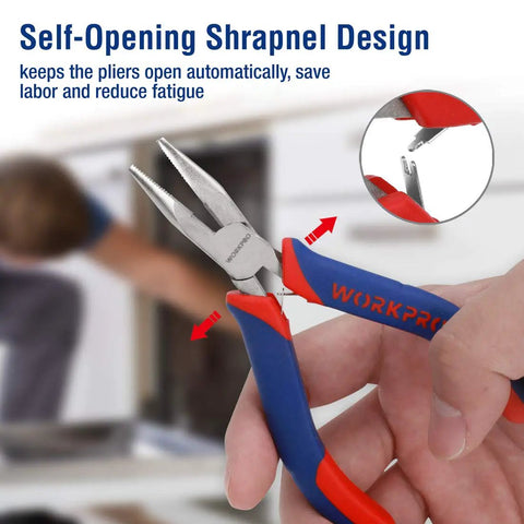 Close-up of needle nose pliers from 6 Piece Mini Pliers Set For Quick DIY Fixes And Electronics Repair With blue and red handle.