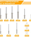 500 Piece 304 Stainless Steel Pop Rivets Kit With Washers And Case 9 SAE Sizes From 3/16 Inch To 1 Inch Assorted Blind Rivets