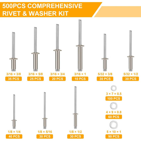 500 Piece 304 Stainless Steel Pop Rivets Kit With Washers And Case 9 SAE Sizes From 3/16 Inch To 1 Inch Assorted Blind Rivets