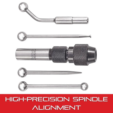 Wiggler And Center Finder Kit With Case For Shop Pros And Home Shops Featuring Ball Contact 828B Disc Contact 828C Offset Indicator Holder 828D And PT09186 Attachments S828HZ shown with attachments.