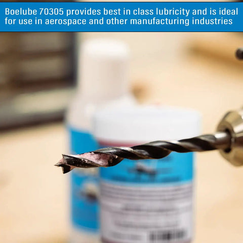 Drill bit with Boss Grade Synthetic Lubricant Paste for MQL metalworking, industrial pink hard paste, 4 oz, in background.