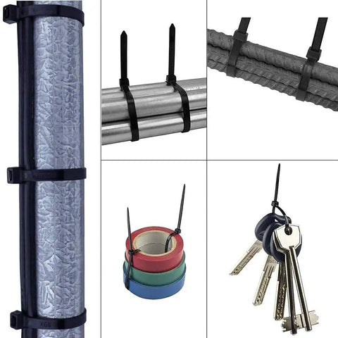 Heavy Duty Black Nylon Zip Ties 16 Inch 60 Lb Tensile 100 Pack securing pipes, cables, tape rolls, and keys with three latch lock.