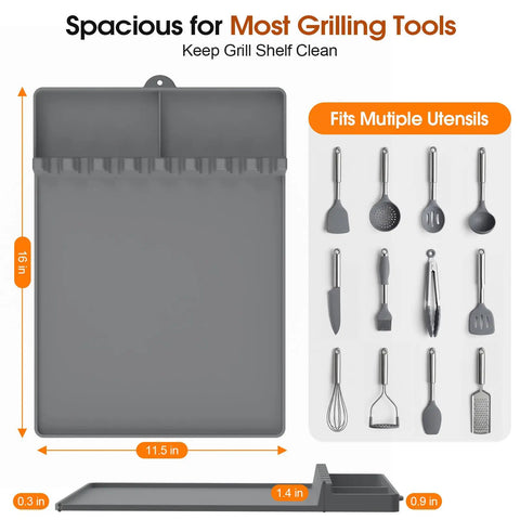 Silicone Grill Mats For Griddle Spatula Tool Mat With Drip Pad showing utensil slots and dimensions