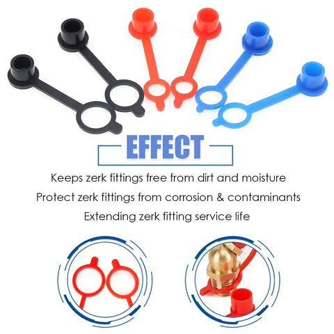 180 Piece Zerk Fitting Caps Set M6 Red M8 Blue M10 Black With Keeper Includes Transparent Storage Box Pro Grade Heavy Duty