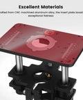Heavy Duty Universal Router Lift System Aluminum Insert Plate showcasing CNC machined aluminum, insert plate features, and mounting setup.