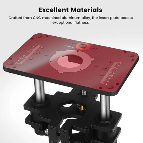 Heavy Duty Universal Router Lift System Aluminum Insert Plate showcasing CNC machined aluminum, insert plate features, and mounting setup.