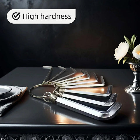10 Piece Metric Hex Key Set with Rust Resistant CrV Steel displayed on a table, highlighting high hardness feature.