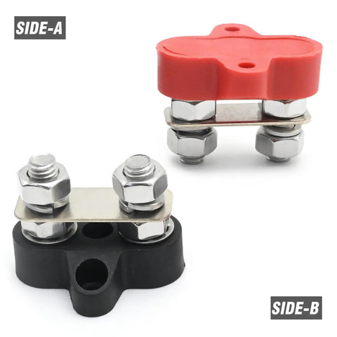 Heavy Duty 2 Piece 5 16 Dual Stud Battery Distribution Block 12 Volt 200 Amp Positive Negative Bus Bar For Auto Marine Truck Built Tough No Sweat Wiring Pro Grade shown from two angles.