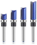 Heavy Duty Pattern Flush Trim Router Bit Set Featuring 1/4 Inch Shank And Bottom Bearing Kit For Laminate Veneer Edging, four carbide bits.