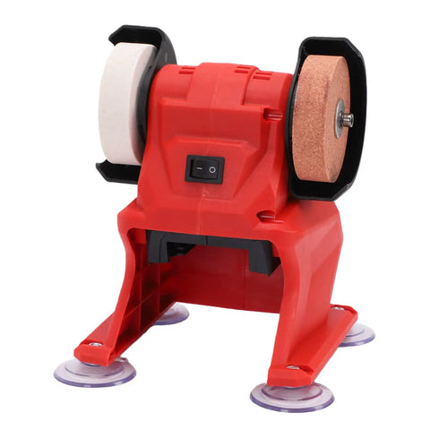 Heavy-Duty Mini Bench Grinder With 3mm Metal Guard Corundum Wheels For Polishing Grinding And Sharpening Compatible With 18V Battery Power Tools, red design with dual grinding wheels.