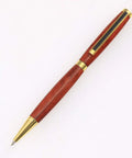 Premium Slimline Pen Turning Kit With 10 Pack Assorted Fly Metallic Finishes Including Gold Black Chrome Gun Metal And Copper Plus Cross Style Refills For Crafting Dope Custom 7mm Ballpoint Pens displayed with a polished wooden pen.