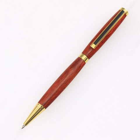 Premium Slimline Pen Turning Kit With 10 Pack Assorted Fly Metallic Finishes Including Gold Black Chrome Gun Metal And Copper Plus Cross Style Refills For Crafting Dope Custom 7mm Ballpoint Pens displayed with a polished wooden pen.