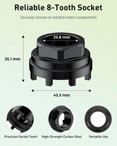 All In One Bike Crank Puller Kit With 8 Tooth Socket Wrench showing dimensions and material features