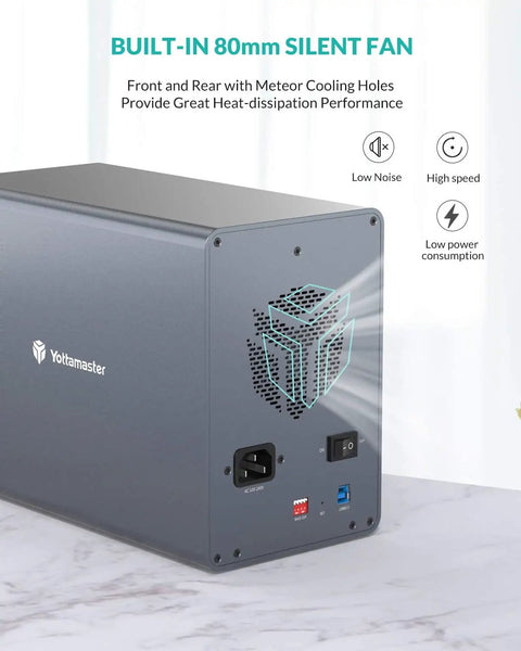 Five Bay Aluminum RAID Hard Drive Enclosure With Usb 3.0 Interface For 3.5 And 2.5 Inch Sata Hdd And Ssd Up To 120Tb Storage Capacity, rear view showcasing built-in 80mm silent fan.
