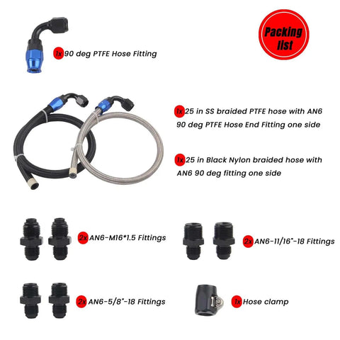 25 Inch AN6 Power Steering Pump Hose Fitting Kit For Chevy C10 LS Swap Connects GM Type 2 With Aluminum Fittings And Braided Hose Options Black Nylon Braided Hose And Silver Stainless Braided Hose packaging components.