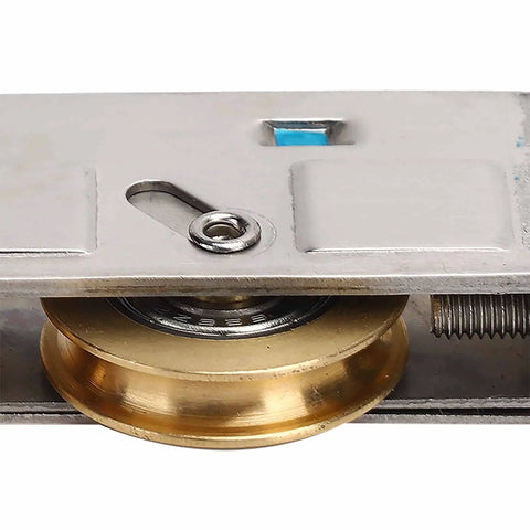 Heavy Duty Double Copper Wheel Stainless Steel Sliding Door Roller Smooth Glide Window Track Pulley showing brass wheel and steel base.