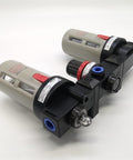 Three Unit Air Source Treatment FRL Combo For Pneumatic Systems with two beige cylinders and black connectors