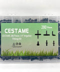 Front view of a clear plastic box containing 280-piece CESTAME irrigation fittings kit for 1/4 inch tubing.